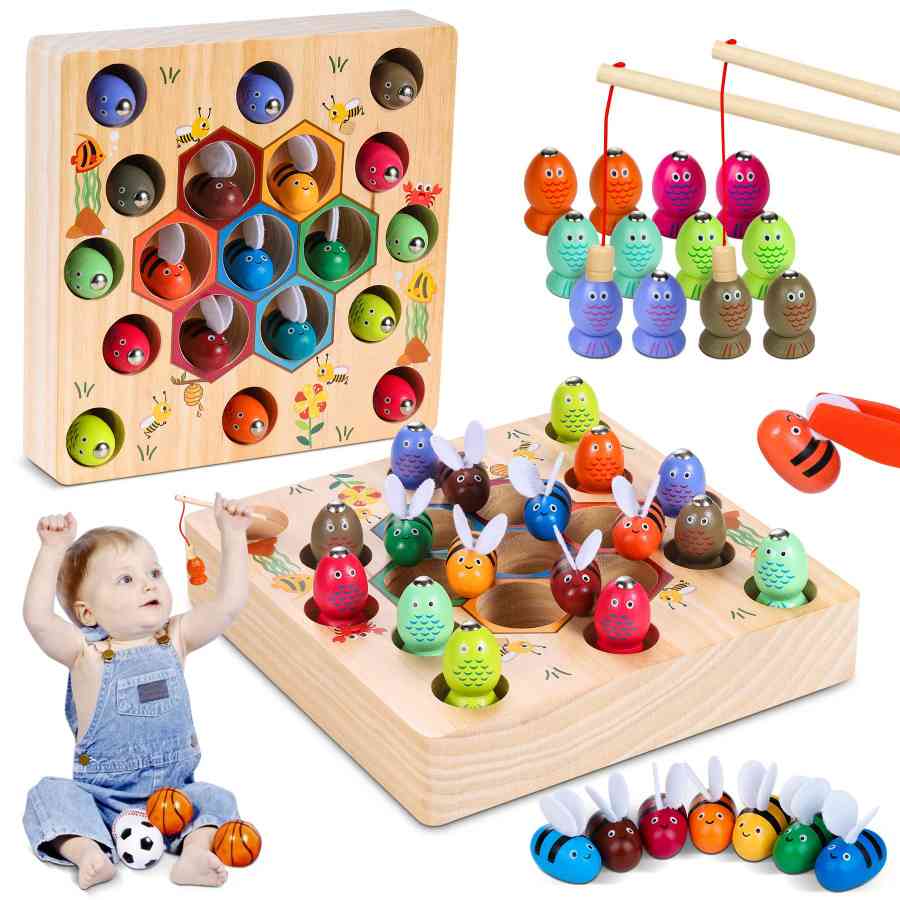 COOJOMMY Magnetische Angelspiel Holzspielzeug,2 in 1 Montessori Spielzeug Magnettafel Fischspielzeug aus Holz Geschenk ab Mädchen Jungen Kinder Lernen Spielzeug,Fit ab 3 4 5 Kind, Habe ein Patent