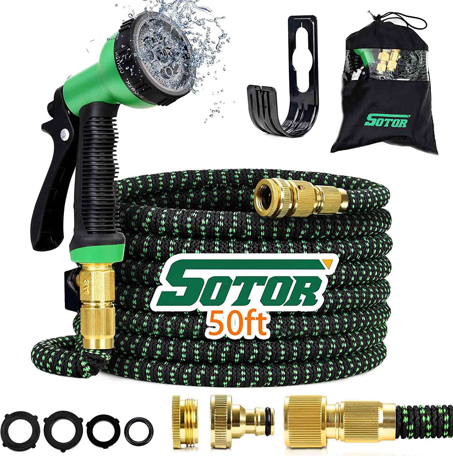 Expandable Garden Hose, 50FT Flexible Hose Pipe with 8 Function Spray Nozzle, Three-Layer Latex Tube Prevent Leaking, Upgraded Expanding Garden Water Hose with 3/4