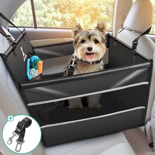 Wimypet Dog Car Seat Booster for Small Dogs Cats, 100% Waterproof Breathable Pet Car Booster Basket with Seat Belt, Folding Washable Dog Booster Car Seat Protector Carrier for Puppy Travel 54x50x47cm